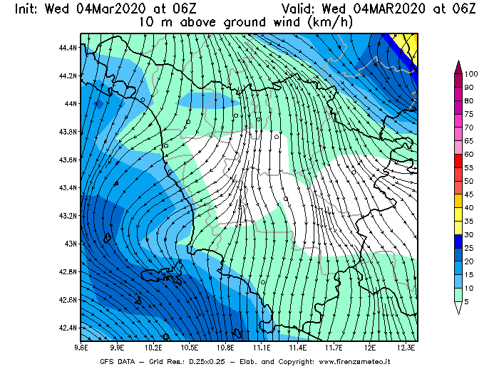 Mappa di analisi GFS - Velocità del vento a 10 metri dal suolo [km/h] in Toscana
							del 04/03/2020 06 <!--googleoff: index-->UTC<!--googleon: index-->