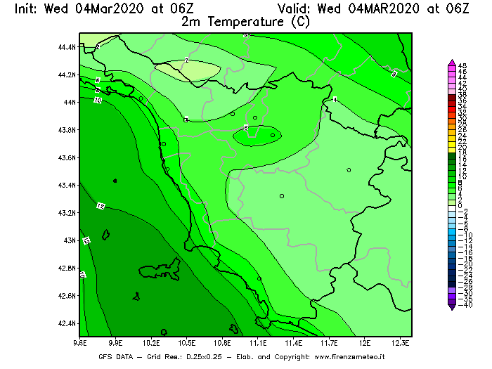 Mappa di analisi GFS - Temperatura a 2 metri dal suolo [°C] in Toscana
							del 04/03/2020 06 <!--googleoff: index-->UTC<!--googleon: index-->