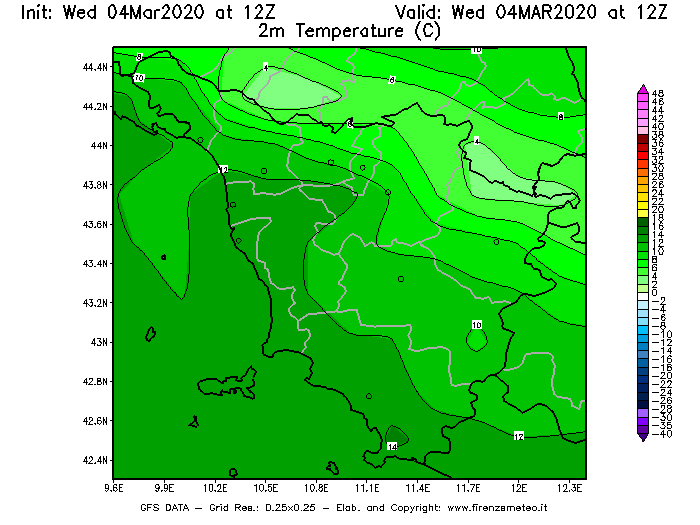 Mappa di analisi GFS - Temperatura a 2 metri dal suolo [°C] in Toscana
							del 04/03/2020 12 <!--googleoff: index-->UTC<!--googleon: index-->
