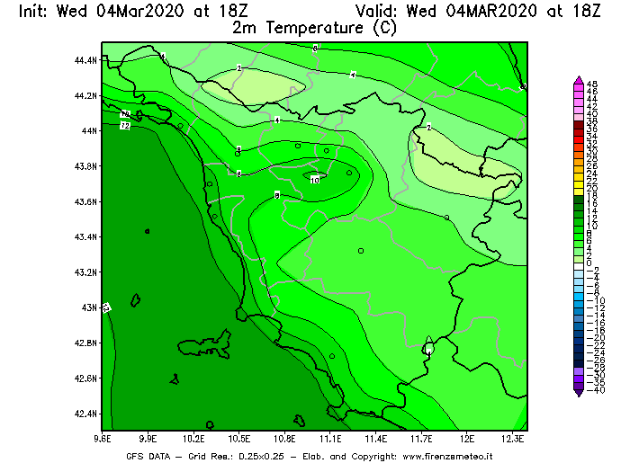 Mappa di analisi GFS - Temperatura a 2 metri dal suolo [°C] in Toscana
							del 04/03/2020 18 <!--googleoff: index-->UTC<!--googleon: index-->