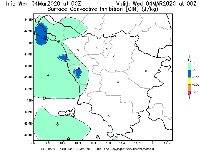 Mappa di analisi GFS - CIN [J/kg] in Toscana
							del 04/03/2020 00 <!--googleoff: index-->UTC<!--googleon: index-->