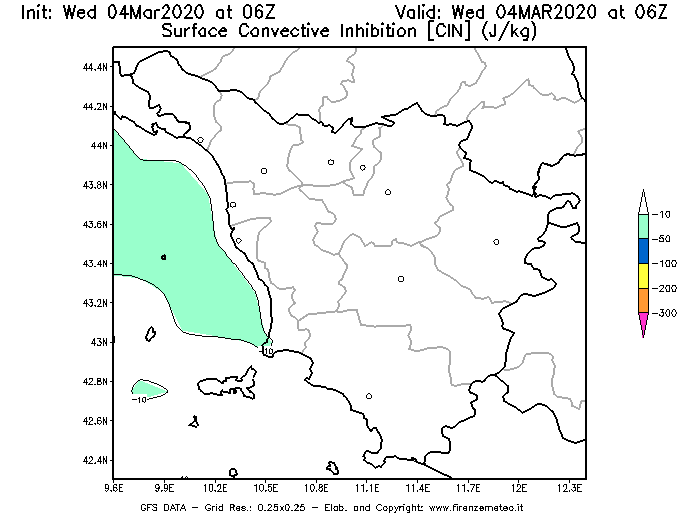 Mappa di analisi GFS - CIN [J/kg] in Toscana
							del 04/03/2020 06 <!--googleoff: index-->UTC<!--googleon: index-->