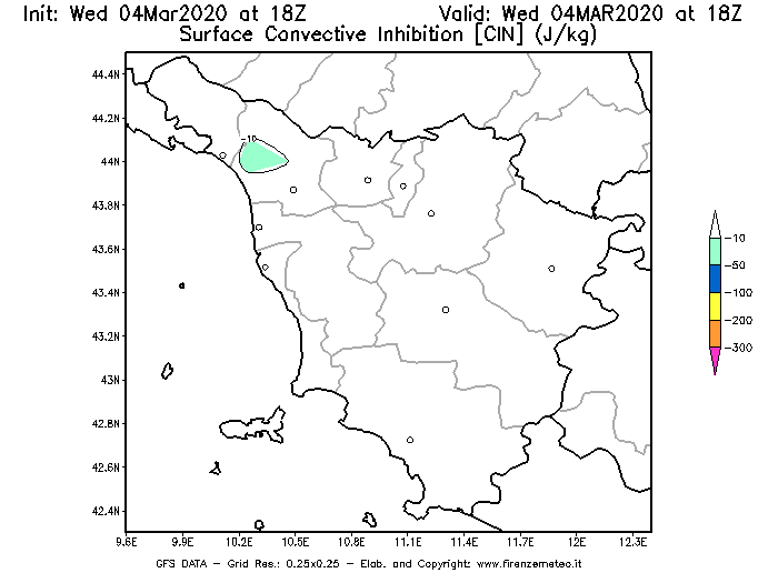 Mappa di analisi GFS - CIN [J/kg] in Toscana
							del 04/03/2020 18 <!--googleoff: index-->UTC<!--googleon: index-->