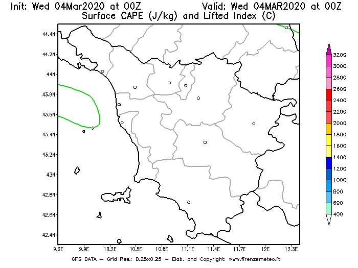 Mappa di analisi GFS - CAPE [J/kg] e Lifted Index [°C] in Toscana
							del 04/03/2020 00 <!--googleoff: index-->UTC<!--googleon: index-->