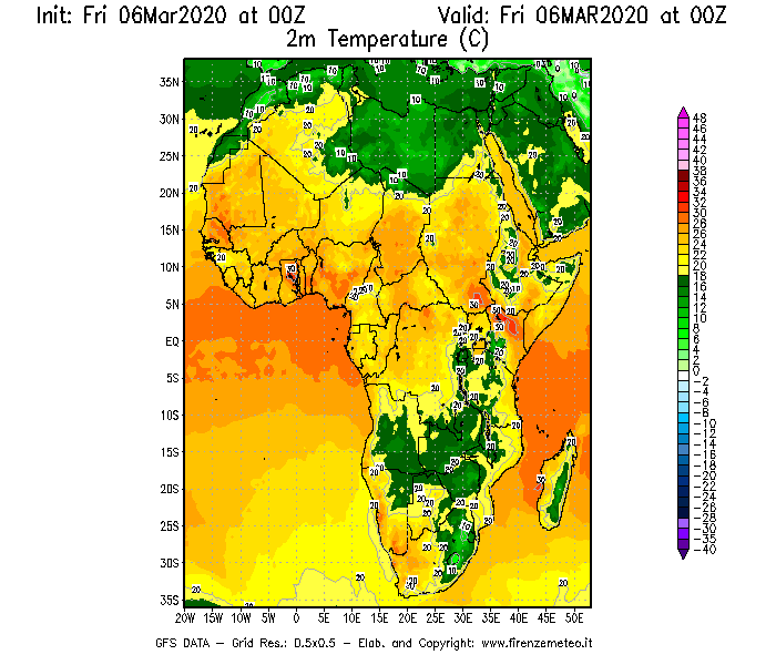 Mappa di analisi GFS - Temperatura a 2 metri dal suolo [°C] in Africa
									del 06/03/2020 00 <!--googleoff: index-->UTC<!--googleon: index-->