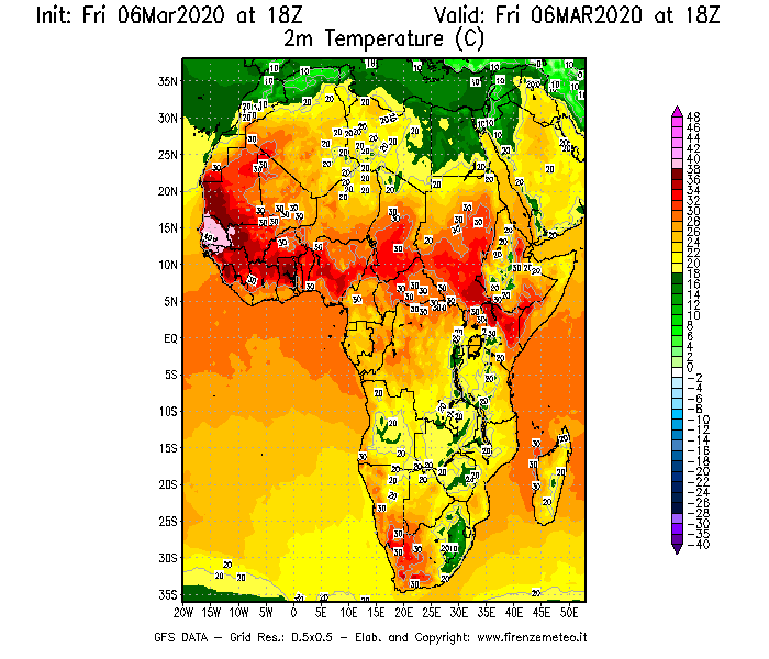 Mappa di analisi GFS - Temperatura a 2 metri dal suolo [°C] in Africa
							del 06/03/2020 18 <!--googleoff: index-->UTC<!--googleon: index-->