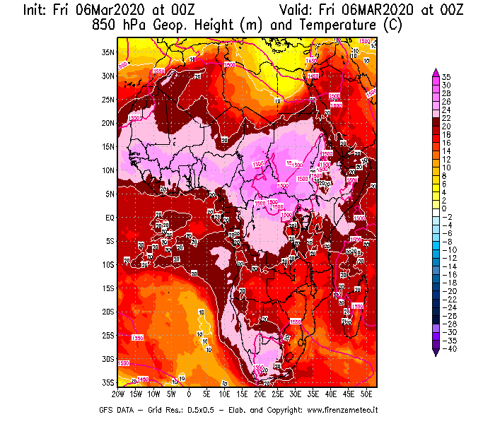 Mappa di analisi GFS - Geopotenziale [m] e Temperatura [°C] a 850 hPa in Africa
									del 06/03/2020 00 <!--googleoff: index-->UTC<!--googleon: index-->