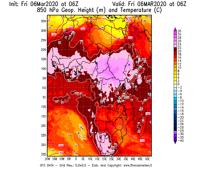 Mappa di analisi GFS - Geopotenziale [m] e Temperatura [°C] a 850 hPa in Africa
									del 06/03/2020 06 <!--googleoff: index-->UTC<!--googleon: index-->