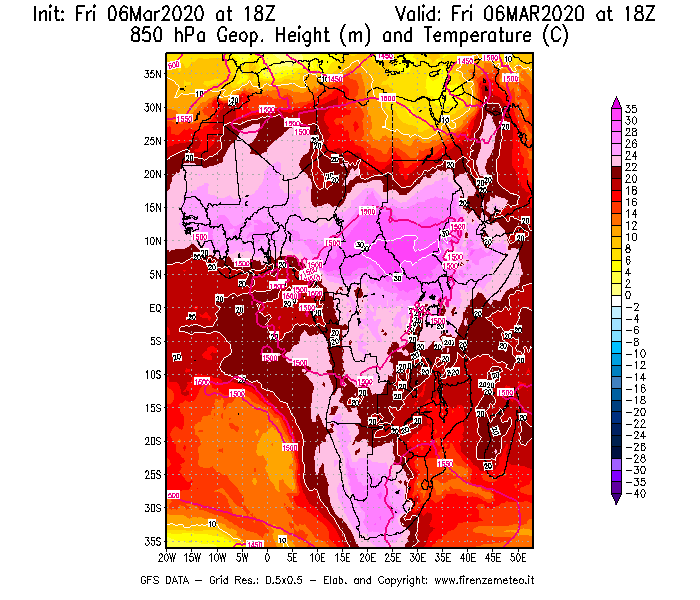 Mappa di analisi GFS - Geopotenziale [m] e Temperatura [°C] a 850 hPa in Africa
									del 06/03/2020 18 <!--googleoff: index-->UTC<!--googleon: index-->
