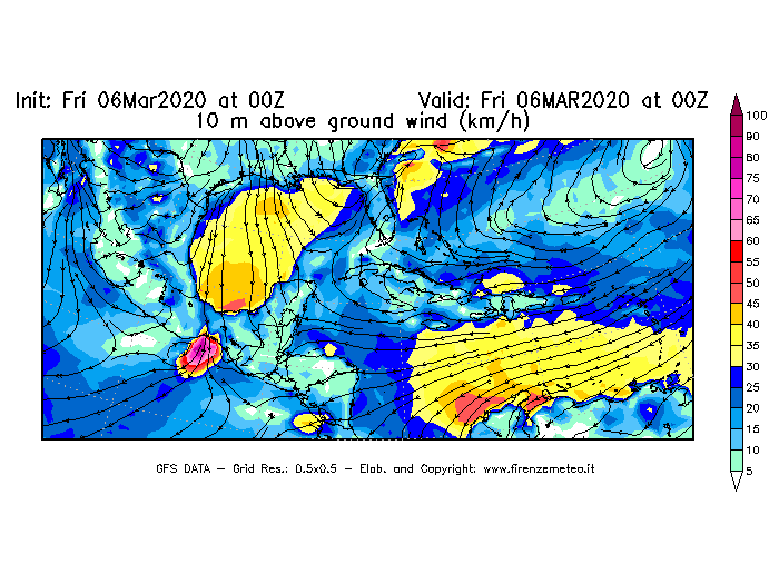 Mappa di analisi GFS - Velocità del vento a 10 metri dal suolo [km/h] in Centro-America
									del 06/03/2020 00 <!--googleoff: index-->UTC<!--googleon: index-->