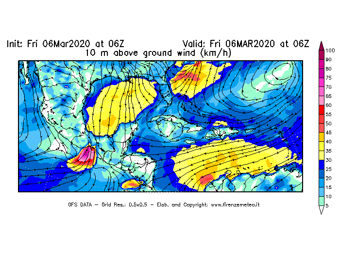 Mappa di analisi GFS - Velocità del vento a 10 metri dal suolo [km/h] in Centro-America
									del 06/03/2020 06 <!--googleoff: index-->UTC<!--googleon: index-->