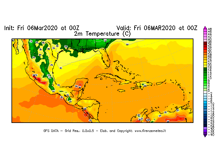 Mappa di analisi GFS - Temperatura a 2 metri dal suolo [°C] in Centro-America
							del 06/03/2020 00 <!--googleoff: index-->UTC<!--googleon: index-->