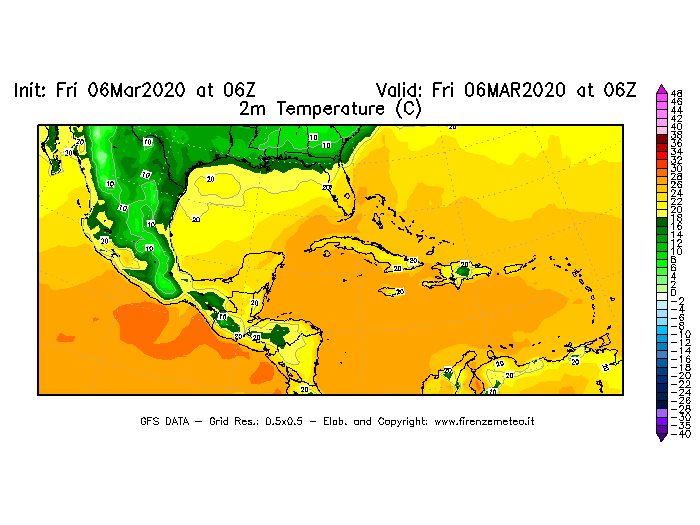 Mappa di analisi GFS - Temperatura a 2 metri dal suolo [°C] in Centro-America
							del 06/03/2020 06 <!--googleoff: index-->UTC<!--googleon: index-->