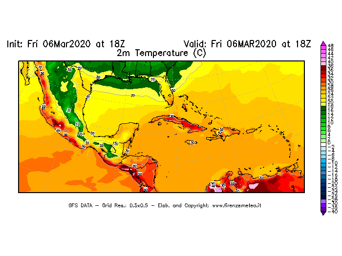 Mappa di analisi GFS - Temperatura a 2 metri dal suolo [°C] in Centro-America
							del 06/03/2020 18 <!--googleoff: index-->UTC<!--googleon: index-->