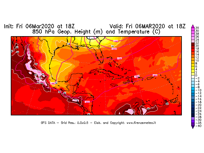 Mappa di analisi GFS - Geopotenziale [m] e Temperatura [°C] a 850 hPa in Centro-America
							del 06/03/2020 18 <!--googleoff: index-->UTC<!--googleon: index-->