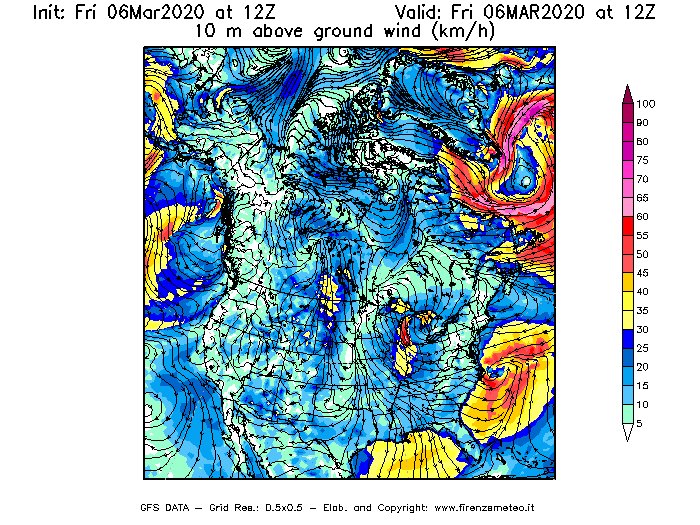 Mappa di analisi GFS - Velocità del vento a 10 metri dal suolo [km/h] in Nord-America
									del 06/03/2020 12 <!--googleoff: index-->UTC<!--googleon: index-->