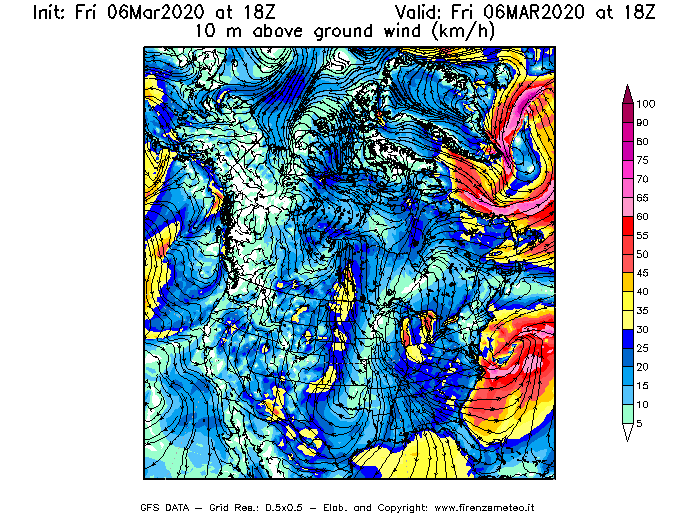 Mappa di analisi GFS - Velocità del vento a 10 metri dal suolo [km/h] in Nord-America
							del 06/03/2020 18 <!--googleoff: index-->UTC<!--googleon: index-->