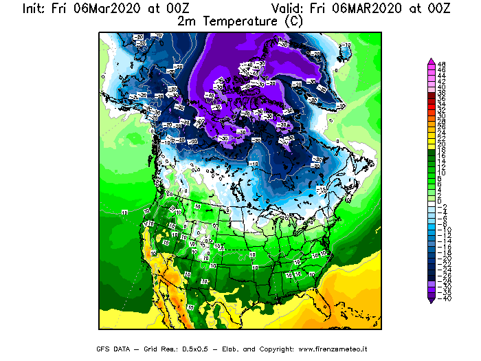 Mappa di analisi GFS - Temperatura a 2 metri dal suolo [°C] in Nord-America
									del 06/03/2020 00 <!--googleoff: index-->UTC<!--googleon: index-->