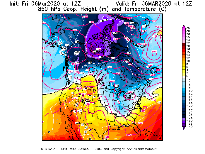 Mappa di analisi GFS - Geopotenziale [m] e Temperatura [°C] a 850 hPa in Nord-America
							del 06/03/2020 12 <!--googleoff: index-->UTC<!--googleon: index-->