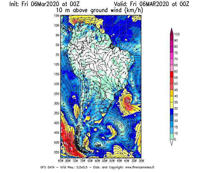 Mappa di analisi GFS - Velocità del vento a 10 metri dal suolo [km/h] in Sud-America
									del 06/03/2020 00 <!--googleoff: index-->UTC<!--googleon: index-->