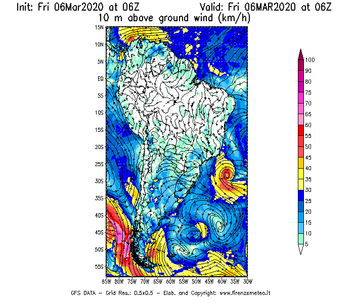 Mappa di analisi GFS - Velocità del vento a 10 metri dal suolo [km/h] in Sud-America
							del 06/03/2020 06 <!--googleoff: index-->UTC<!--googleon: index-->