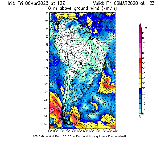 Mappa di analisi GFS - Velocità del vento a 10 metri dal suolo [km/h] in Sud-America
									del 06/03/2020 12 <!--googleoff: index-->UTC<!--googleon: index-->