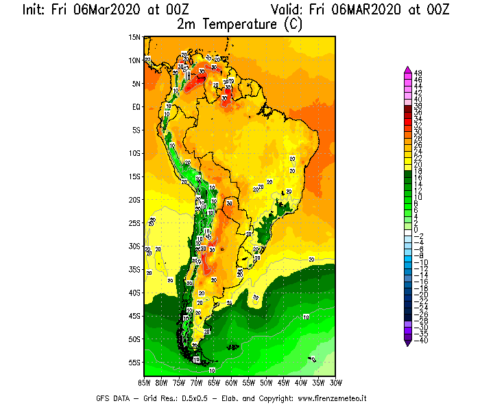 Mappa di analisi GFS - Temperatura a 2 metri dal suolo [°C] in Sud-America
									del 06/03/2020 00 <!--googleoff: index-->UTC<!--googleon: index-->