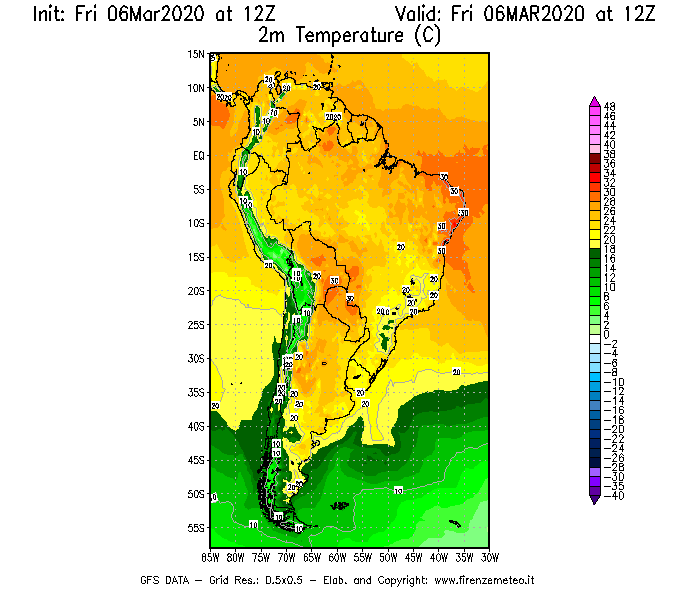 Mappa di analisi GFS - Temperatura a 2 metri dal suolo [°C] in Sud-America
									del 06/03/2020 12 <!--googleoff: index-->UTC<!--googleon: index-->