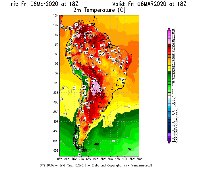 Mappa di analisi GFS - Temperatura a 2 metri dal suolo [°C] in Sud-America
									del 06/03/2020 18 <!--googleoff: index-->UTC<!--googleon: index-->