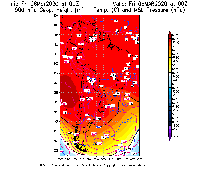 Mappa di analisi GFS - Geopotenziale [m] + Temp. [°C] a 500 hPa + Press. a livello del mare [hPa] in Sud-America
									del 06/03/2020 00 <!--googleoff: index-->UTC<!--googleon: index-->
