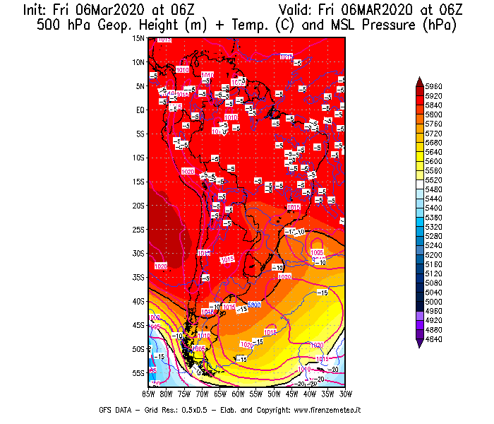 Mappa di analisi GFS - Geopotenziale [m] + Temp. [°C] a 500 hPa + Press. a livello del mare [hPa] in Sud-America
									del 06/03/2020 06 <!--googleoff: index-->UTC<!--googleon: index-->