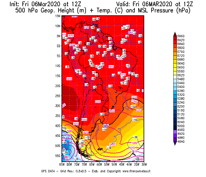 Mappa di analisi GFS - Geopotenziale [m] + Temp. [°C] a 500 hPa + Press. a livello del mare [hPa] in Sud-America
									del 06/03/2020 12 <!--googleoff: index-->UTC<!--googleon: index-->