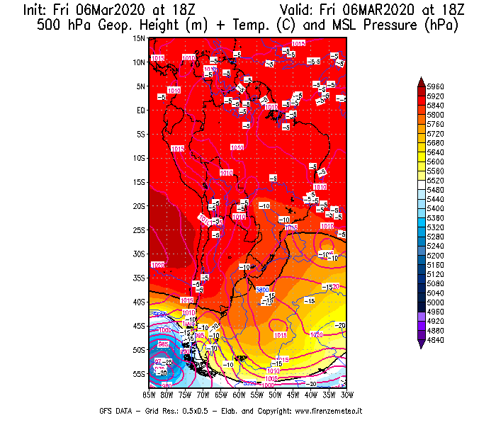 Mappa di analisi GFS - Geopotenziale [m] + Temp. [°C] a 500 hPa + Press. a livello del mare [hPa] in Sud-America
							del 06/03/2020 18 <!--googleoff: index-->UTC<!--googleon: index-->