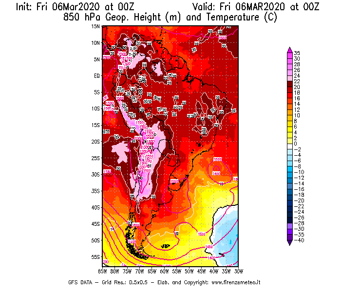 Mappa di analisi GFS - Geopotenziale [m] e Temperatura [°C] a 850 hPa in Sud-America
							del 06/03/2020 00 <!--googleoff: index-->UTC<!--googleon: index-->