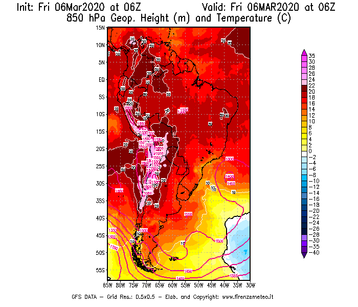 Mappa di analisi GFS - Geopotenziale [m] e Temperatura [°C] a 850 hPa in Sud-America
									del 06/03/2020 06 <!--googleoff: index-->UTC<!--googleon: index-->