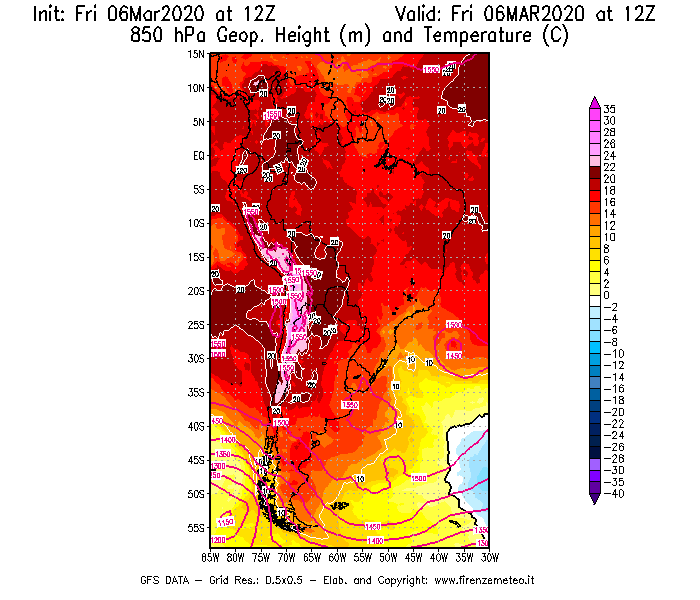 Mappa di analisi GFS - Geopotenziale [m] e Temperatura [°C] a 850 hPa in Sud-America
									del 06/03/2020 12 <!--googleoff: index-->UTC<!--googleon: index-->