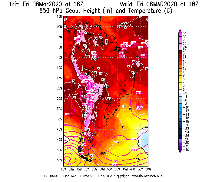 Mappa di analisi GFS - Geopotenziale [m] e Temperatura [°C] a 850 hPa in Sud-America
									del 06/03/2020 18 <!--googleoff: index-->UTC<!--googleon: index-->