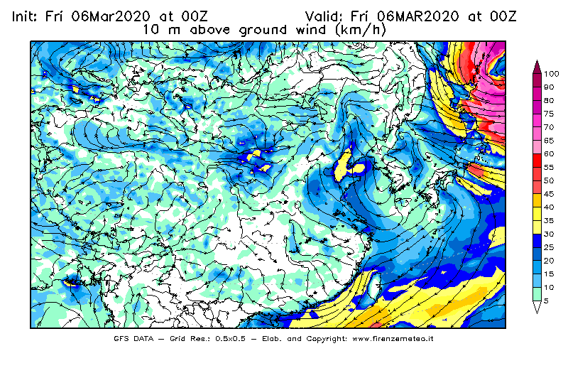 Mappa di analisi GFS - Velocità del vento a 10 metri dal suolo [km/h] in Asia Orientale
							del 06/03/2020 00 <!--googleoff: index-->UTC<!--googleon: index-->