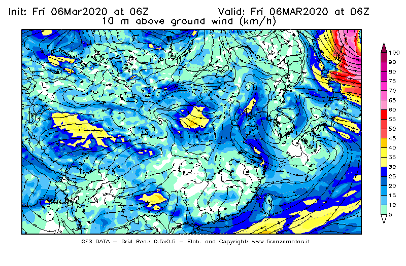Mappa di analisi GFS - Velocità del vento a 10 metri dal suolo [km/h] in Asia Orientale
									del 06/03/2020 06 <!--googleoff: index-->UTC<!--googleon: index-->