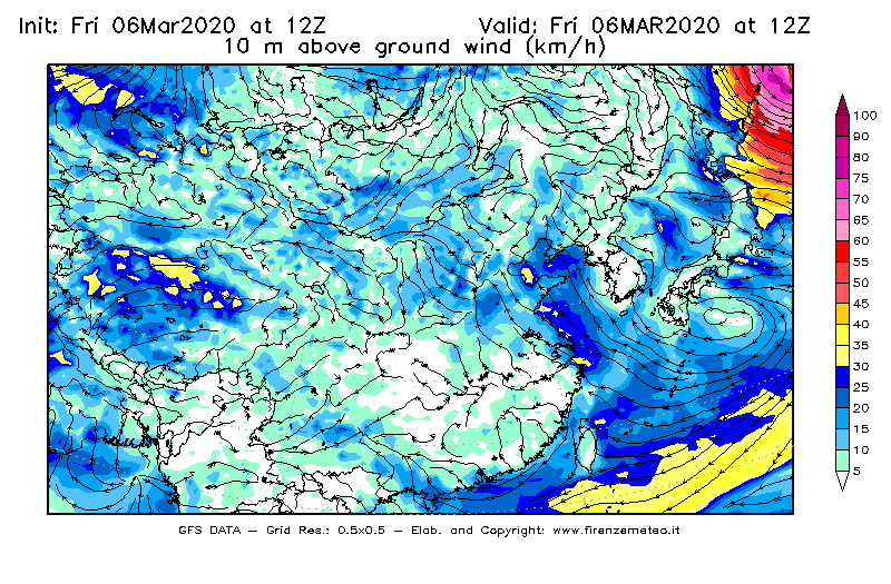 Mappa di analisi GFS - Velocità del vento a 10 metri dal suolo [km/h] in Asia Orientale
							del 06/03/2020 12 <!--googleoff: index-->UTC<!--googleon: index-->