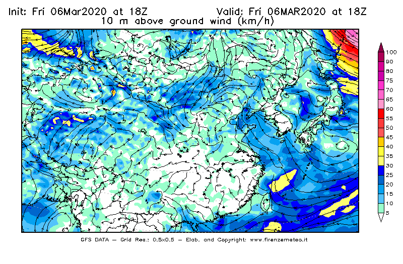 Mappa di analisi GFS - Velocità del vento a 10 metri dal suolo [km/h] in Asia Orientale
									del 06/03/2020 18 <!--googleoff: index-->UTC<!--googleon: index-->