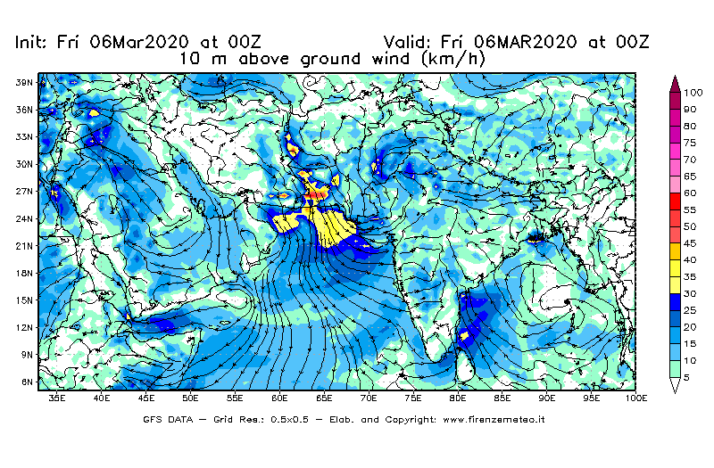 Mappa di analisi GFS - Velocità del vento a 10 metri dal suolo [km/h] in Asia Sud-Occidentale
							del 06/03/2020 00 <!--googleoff: index-->UTC<!--googleon: index-->