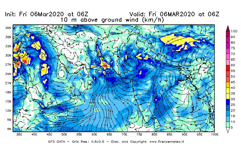 Mappa di analisi GFS - Velocità del vento a 10 metri dal suolo [km/h] in Asia Sud-Occidentale
							del 06/03/2020 06 <!--googleoff: index-->UTC<!--googleon: index-->