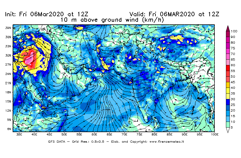 Mappa di analisi GFS - Velocità del vento a 10 metri dal suolo [km/h] in Asia Sud-Occidentale
									del 06/03/2020 12 <!--googleoff: index-->UTC<!--googleon: index-->