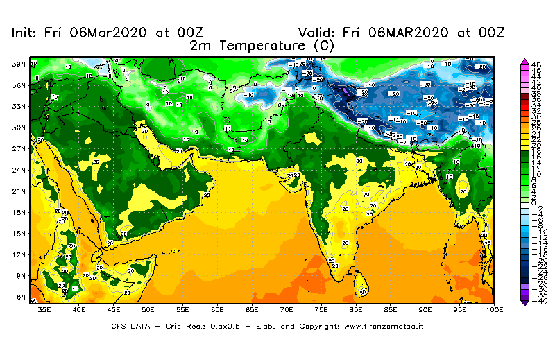 Mappa di analisi GFS - Temperatura a 2 metri dal suolo [°C] in Asia Sud-Occidentale
									del 06/03/2020 00 <!--googleoff: index-->UTC<!--googleon: index-->