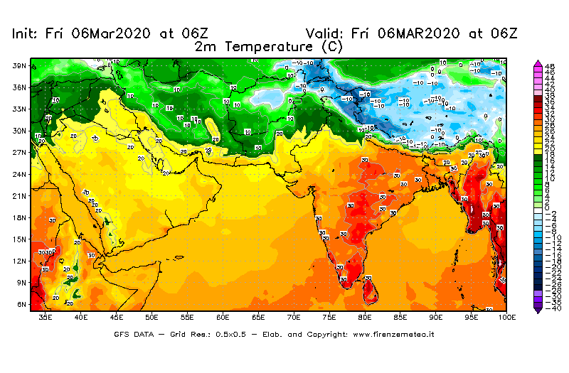 Mappa di analisi GFS - Temperatura a 2 metri dal suolo [°C] in Asia Sud-Occidentale
							del 06/03/2020 06 <!--googleoff: index-->UTC<!--googleon: index-->