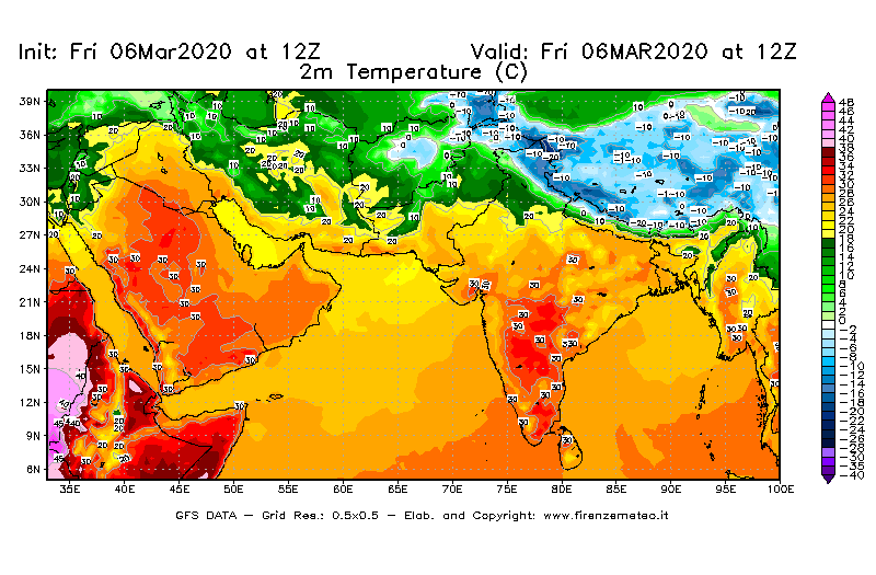 Mappa di analisi GFS - Temperatura a 2 metri dal suolo [°C] in Asia Sud-Occidentale
							del 06/03/2020 12 <!--googleoff: index-->UTC<!--googleon: index-->