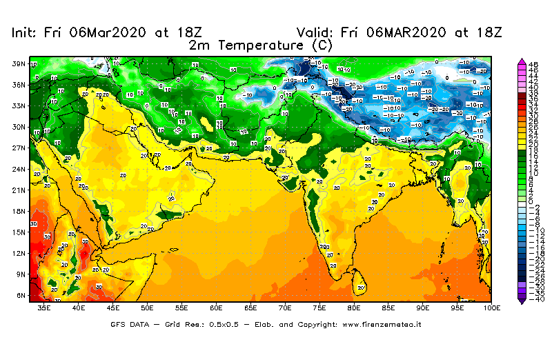 Mappa di analisi GFS - Temperatura a 2 metri dal suolo [°C] in Asia Sud-Occidentale
									del 06/03/2020 18 <!--googleoff: index-->UTC<!--googleon: index-->