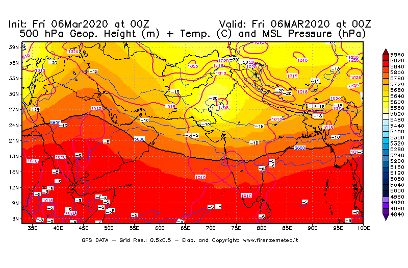 Mappa di analisi GFS - Geopotenziale [m] + Temp. [°C] a 500 hPa + Press. a livello del mare [hPa] in Asia Sud-Occidentale
							del 06/03/2020 00 <!--googleoff: index-->UTC<!--googleon: index-->
