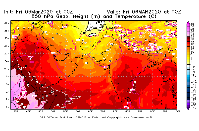 Mappa di analisi GFS - Geopotenziale [m] e Temperatura [°C] a 850 hPa in Asia Sud-Occidentale
									del 06/03/2020 00 <!--googleoff: index-->UTC<!--googleon: index-->